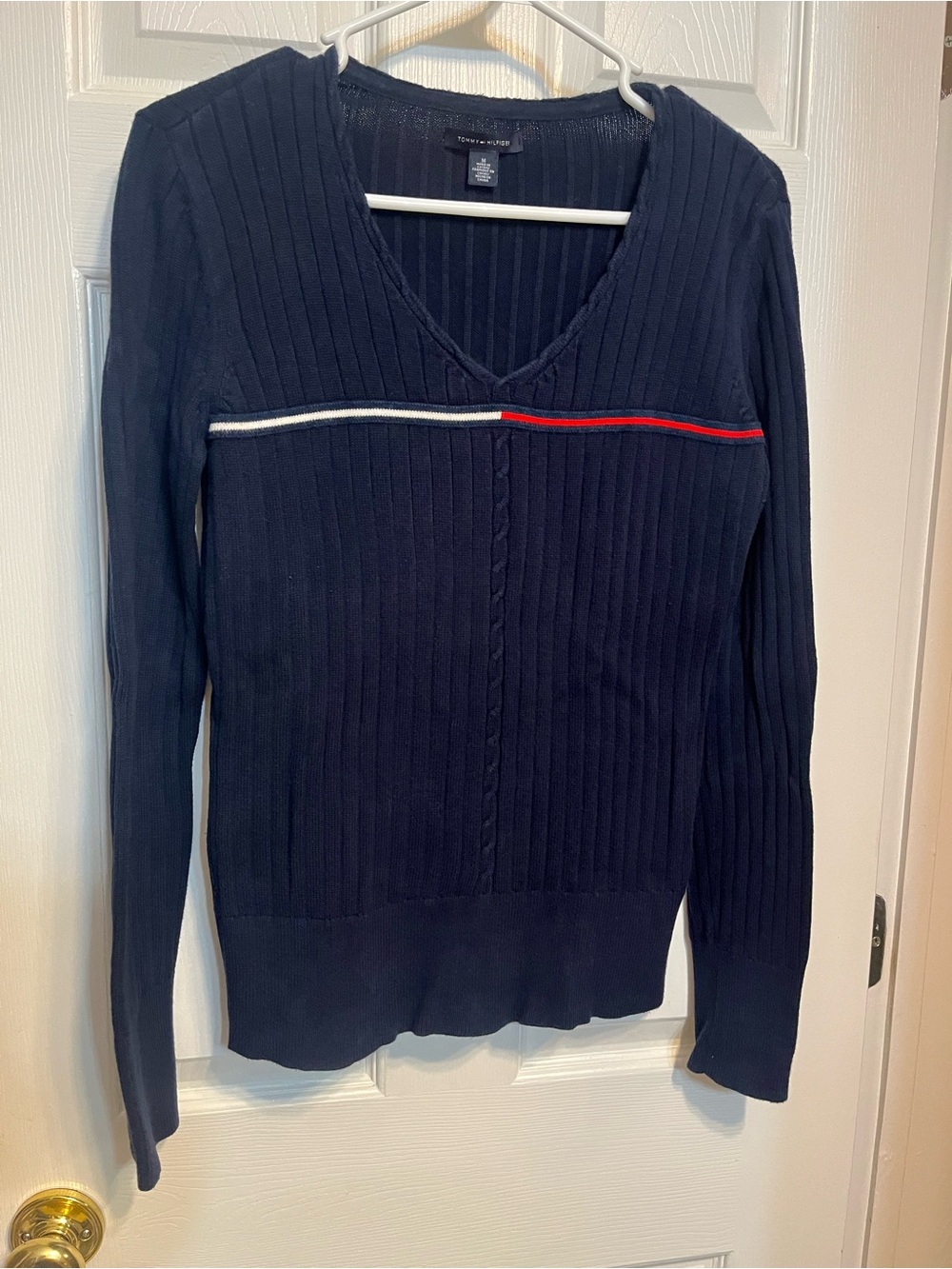 Tommy Hilfiger Navy V-Neck Ribbed Sweater with Stripe Medium